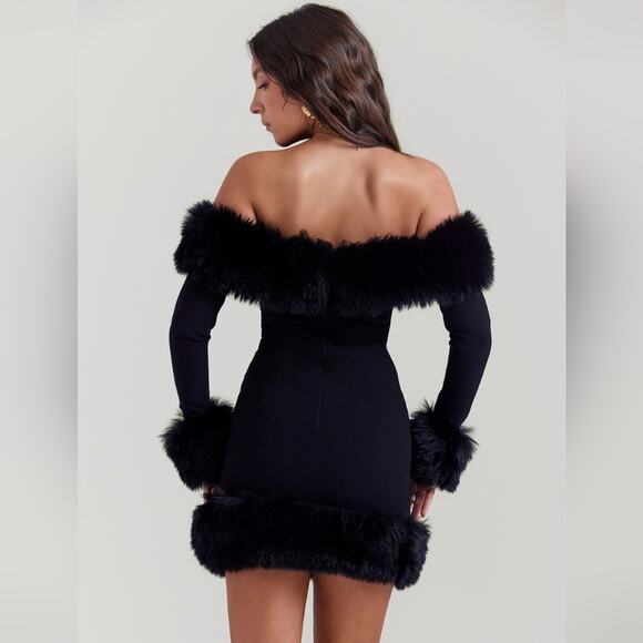 NWT House of CB Keilani Fur Trim Black Off Shoulder Mini Dress XL Long‎ - Picture 4 of 8